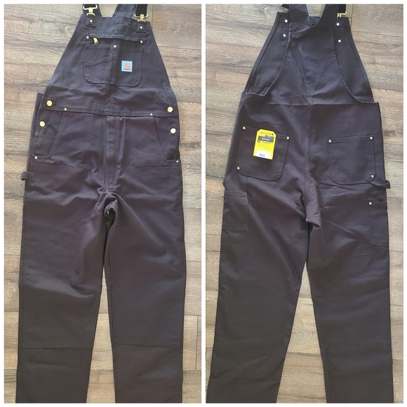 CARHARTT- Brown Duck Bib Overalls - Mens- RO1 Chap Style - Unisex 48x34 - Picture 2 of 2